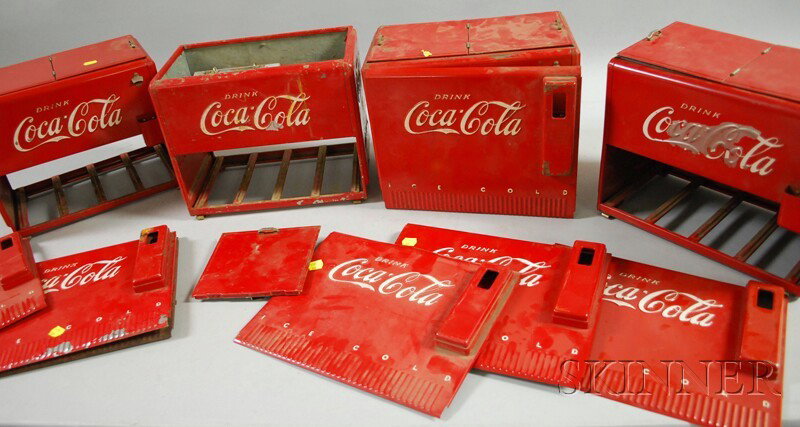 Four Coca-Cola Miniature Painted Metal Salesman's : Four Coca-Cola Miniature Painted Metal Salesman's Sample Coolers, c. 1939, with additional parts, (three with imperfections or losses).