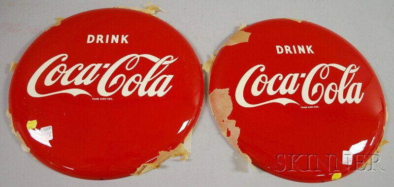 Pair of Coca-Cola Painted Tin Button Signs, c. 195: Pair of Coca-Cola Painted Tin Button Signs, c. 1952, (unused), dia. 16 in.