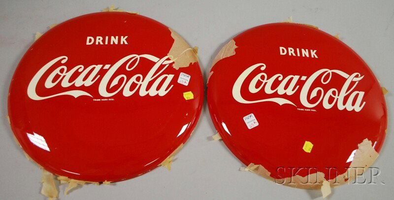 Pair of Coca-Cola Painted Tin Button Signs, c. 195: Pair of Coca-Cola Painted Tin Button Signs, c. 1952, (unused), dia. 16 in.