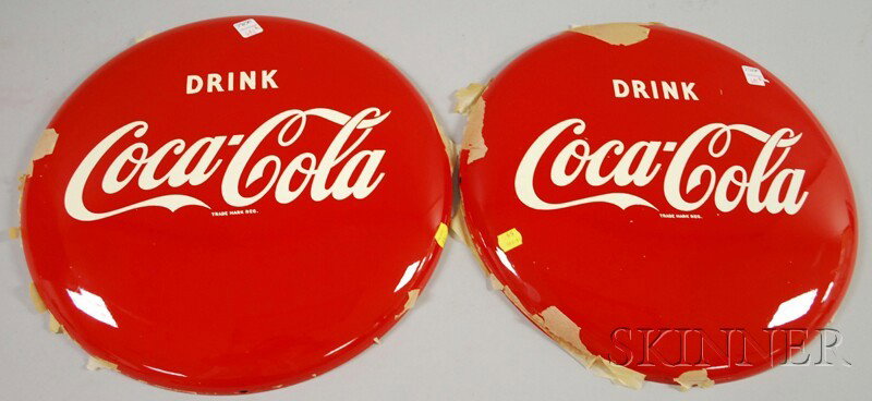 Pair of Coca-Cola Painted Tin Button Signs, c. 195: Pair of Coca-Cola Painted Tin Button Signs, c. 1952, (unused), dia. 16 in.