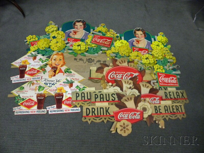 Four Coca-Cola Die-cut Cardboard Festoons and Back: Four Coca-Cola Die-cut Cardboard Festoons and Backbar Display, a Wood Flower, two Verbena, and a State Tree, with original wraps, (imperfections, damage).