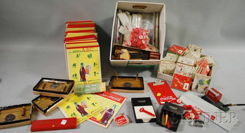Lot of Coca-Cola Desk, Office, and School Supplie: Lot of Coca-Cola Desk, Office, and School Supplies, including pads of writing paper, pencil kits, pencil sharpeners, plastic and wooden rulers, etc.