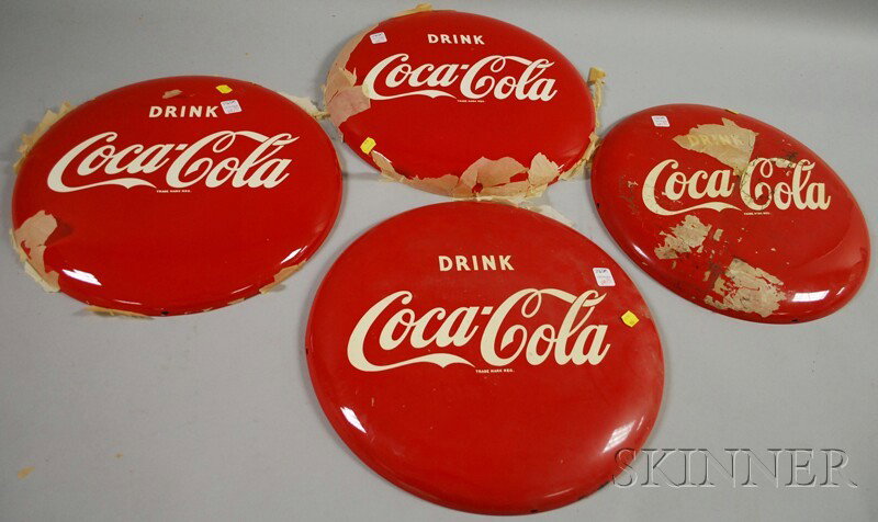 Set of Four Coca-Cola Painted Tin Button Signs, c.: Set of Four Coca-Cola Painted Tin Button Signs, c. 1952, (unused), dia. 16 in.