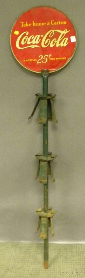 Coca-Cola Painted Metal and Iron Retail Floor Stan: Coca-Cola Painted Metal and Iron Retail Floor Standing Carton Display Rack, c. 1940, (lacking base), ht. 55 in.