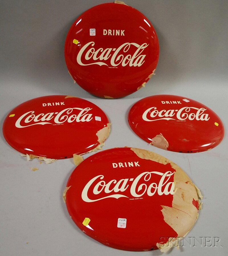 Set of Four Coca-Cola Painted Tin Button Signs, c.: Set of Four Coca-Cola Painted Tin Button Signs, c. 1952, (unused), dia. 16 in.