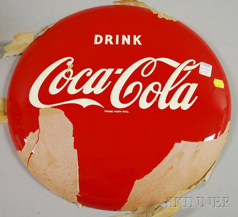 Coca-Cola Painted Tin Button Sign, c. 1952 (unuse: Coca-Cola Painted Tin Button Sign,c. 1952, (unused), dia. 16 in.