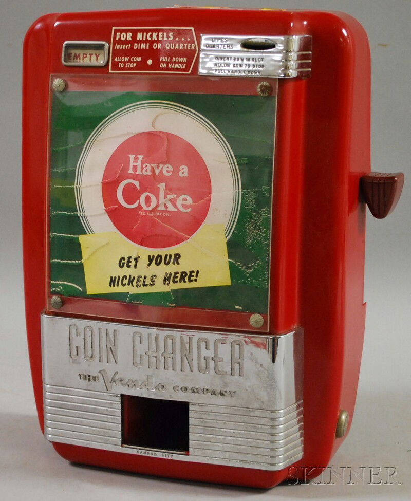 Coca-Cola Vendo Painted and Chrome-plated Metal V: Coca-Cola Vendo Painted and Chrome-plated Metal Vending Machine-mounting Coin Changer, c. 1955, Kansas City, Missouri, lg, 15 1/2, wd. 12 3/4 , dp. 4 3/4 in.
