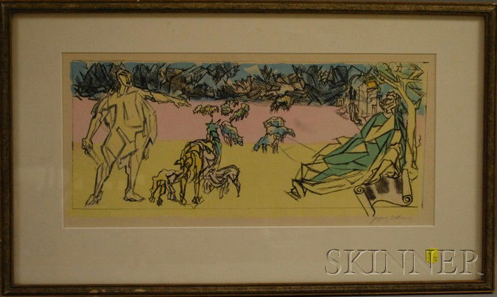 Jacques Villon (French, 1875-1963) Two Men and Cat: Jacques Villon (French, 1875-1963) Two Men and Cattle. Signed in pencil l.r. Color lithograph on paper, image size 8 1/2 x 19 1/4 in., framed. Condition: Not examined out of frame.