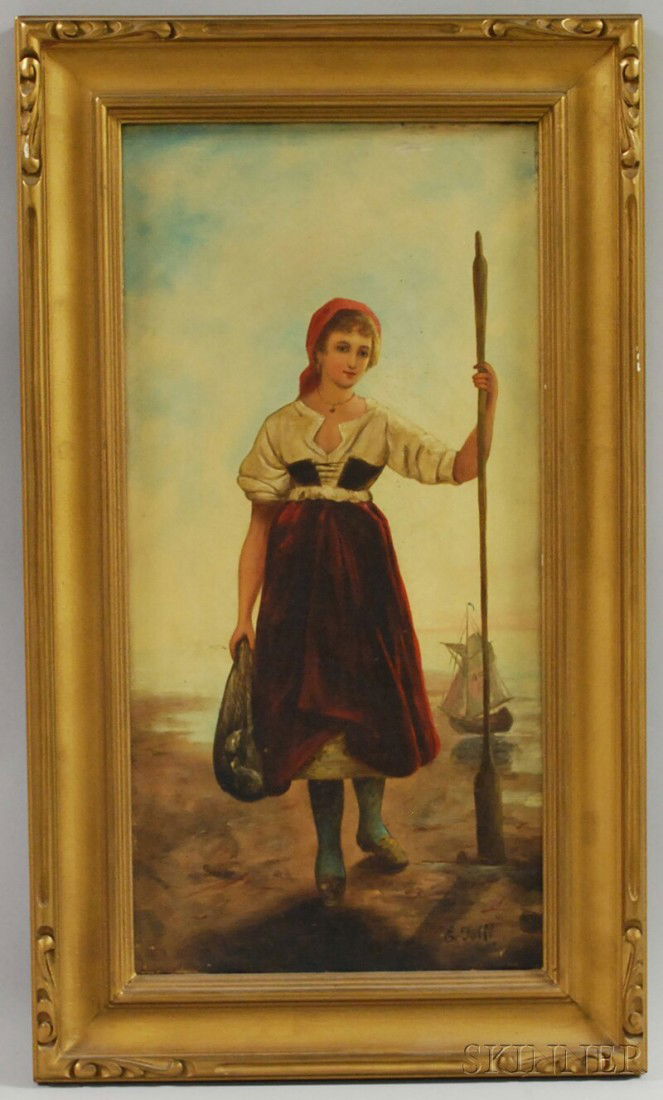 Framed Dutch School Oil on Canvas Depicting a Fish: Framed Dutch School Oil on Canvas Depicting a Fisherwoman, signed "E. Folli" l.r., sight size 20 1/2 x 10 in., (some mildew staining, minor craquelure, scattered abrasions and minor losses around edge