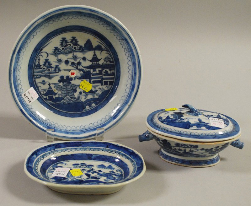 Three Pieces of Chinese Export Blue and White Cant: Three Pieces of Chinese Export Blue and White Canton Porcelain Tableware, a bowl, a small covered serving bowl, and small platter.