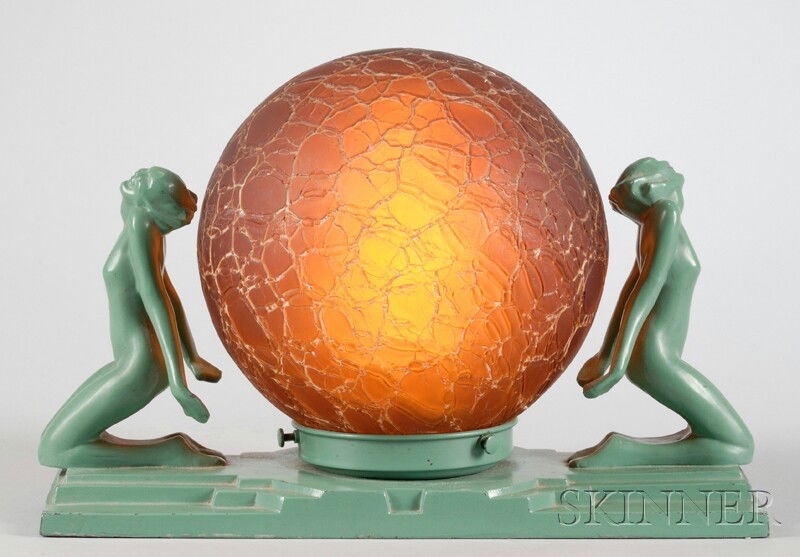 Frankart Art Deco Green-painted Metal Figural Tabl: Frankart Art Deco Green-painted Metal Figural Table Lamp with Amber Crackle Glass Globular Shade, approx. ht. 9, lg. 13 3/4 in.