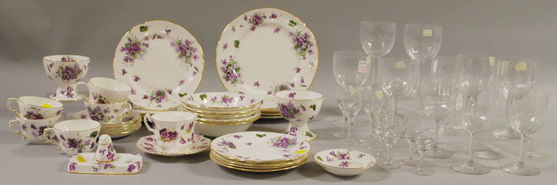 Group of Decorative Tableware, including, Baccara: Group of Decorative Tableware, including, Baccarat glasses, cordials, and a thirty-two-piece Hammersley & Co. transfer violet-decorated bone china dinner set.