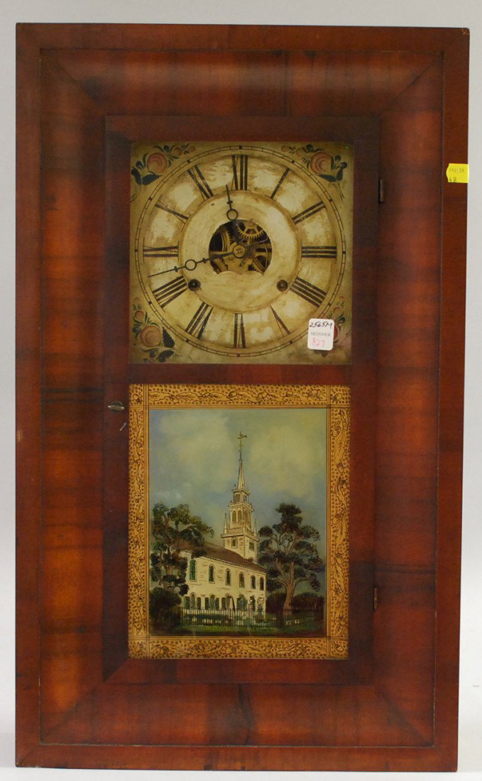 Daniel Pratt Mahogany Ogee Shelf Clock, Boston, pa: Daniel Pratt Mahogany Ogee Shelf Clock, Boston, painted zinc Roman numeral dial, transfer print glass depicting a church, thirty-hour time and strike brass weight-powered movement, ht. 26 in.