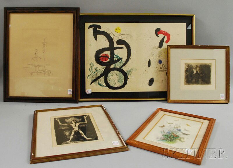 Five Framed Works, Alberto Giacometti, The Search,: Five Framed Works, Alberto Giacometti, The Search, etching on paper; Georges Rouault, The Juggler, lithograph on paper; Kathe Kollwitz, Conspiracy, etching on paper; a 19th century chromolit