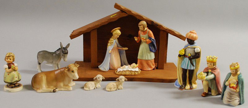 Ten-piece Goebel/Hummel Ceramic Figural Nativity S: Ten-piece Goebel/Hummel Ceramic Figural Nativity Set with Wooden Manger, ht. to 6 1/4 in.