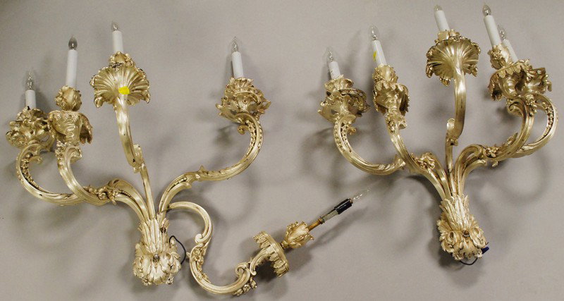 Pair of Silver-gilt Five-arm Candelabra Wall Sconc: Pair of Silver-gilt Five-arm Candelabra Wall Sconces, electrified, (one arm broken on one sconce), ht. not including candles approx. 16 in.