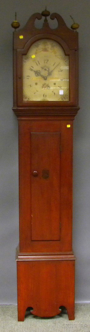 Riley Whiting Pine Case Tall Clock, Winchester, C: Riley Whiting Pine Case Tall Clock, Winchester, Connecticut, painted wooden dial with Arabic numerals, floral spandrels and inscribed R. Whiting, Winchester, scroll-top case with rectangular waist doo