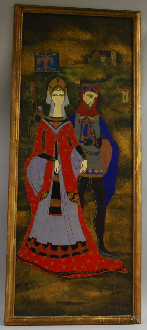 Continental School, 20th Century Medieval Knight : Continental School, 20th Century Medieval Knight and Lady. Signed "SIF" l.r. Oil on Masonite, 47 x 18 in., framed. Condition: Surface grime.