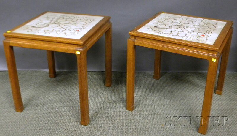 Pair of Tile-top Mahogany End Tables, probably Ed: Pair of Tile-top Mahogany End Tables, probably Ed Wormley and Marie Linna, (tile damage and repairs).