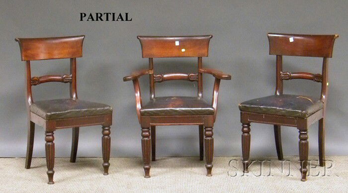 Set of Eight Late Classical Carved Mahogany Dinin: Set of Eight Late Classical Carved Mahogany Dining Chairs, with upholstered slip seats, (damage, imperfections).