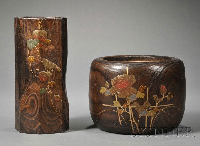 Two Japanese Carved and Paint-decorated Wood Ikeb: Two Japanese Carved and Paint-decorated Wood Ikebana Vases, 20th century, both with copper liners, one ovoid, carved and painted to one side with flowers on a trellis, ht. 7 3/4, dia. 9 1/2, the other