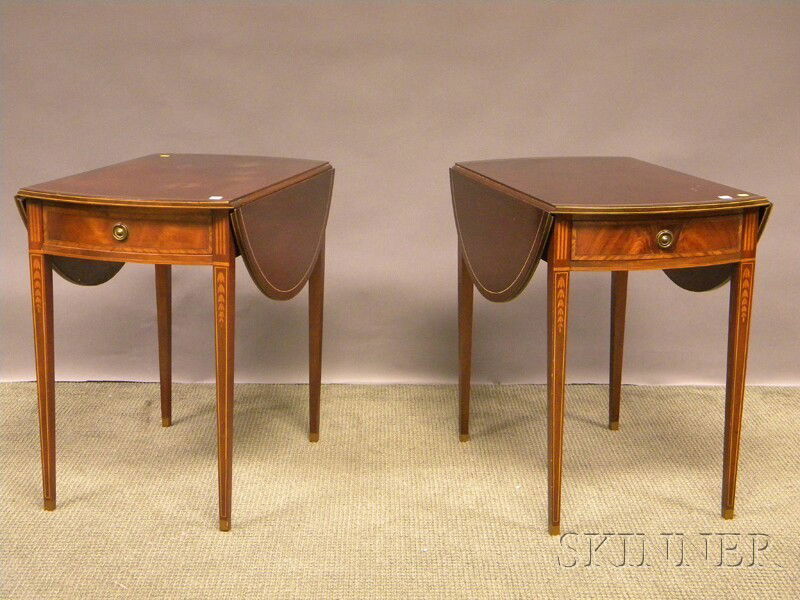 Pair of Federal-style Inlaid Mahogany Drop-leaf P: Pair of Federal-style Inlaid Mahogany Drop-leaf Pembroke Tables, each with a single end drawer, ht. 28 1/4, lg. 30, wd. 18, leaf wd. 10 in.