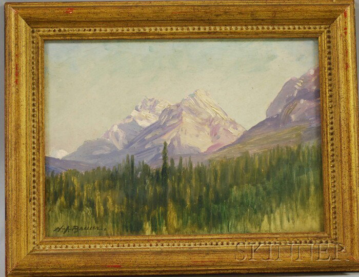 Henry Joseph Breuer (American, 1860-1932) Sheep M: Henry Joseph Breuer (American, 1860-1932) Sheep Mountains, near Banff. Signed "H.J. Breuer" l.r., and inscribed on the reverse. Oil on panel, sight size 8 1/4 x 11 1/2 in., framed. Condition: Mil