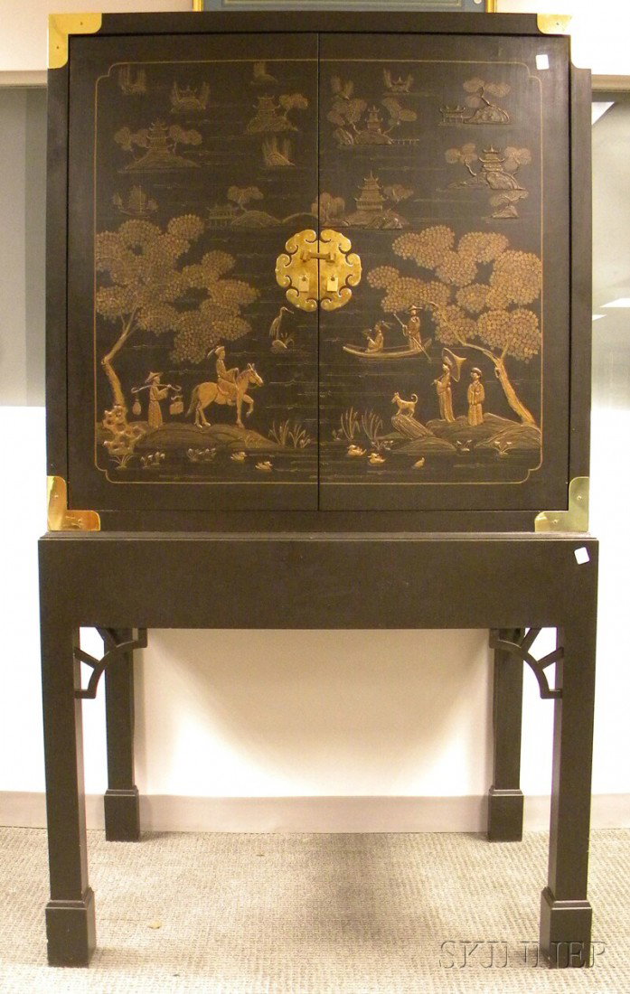 Chinoiserie Enamel-decorated and Ebonized Wood Tw: Chinoiserie Enamel-decorated and Ebonized Wood Two-door Cabinet on Stand, ht. 62 1/4, wd. 41 1/4, dp. 27 1/4 in.