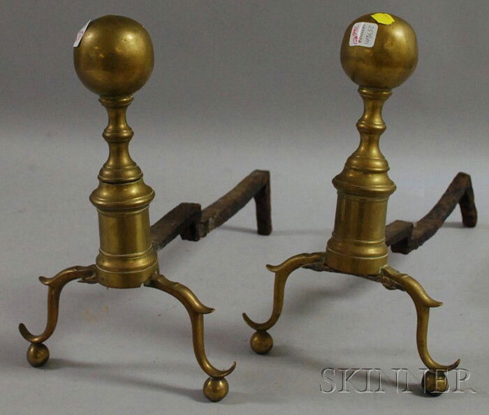 Pair of Brass Ball-top Andirons, ht. 13 3/4 in.: Pair of Brass Ball-top Andirons, ht. 13 3/4 in.