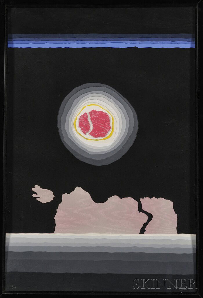 Arthur Secunda (American, b. 1927) Composition wi: Arthur Secunda (American, b. 1927) Composition with Red Sun. Signed "Secunda" l.r., numbered "26/50" l.l. Lithographed and carved mat board, sight size 35 1/2 x 24 in., framed.