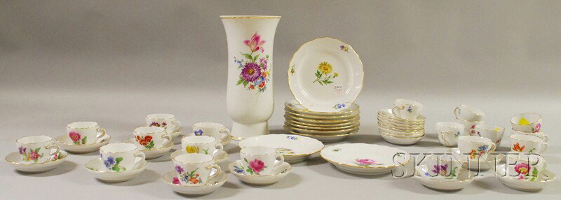 Group of Meissen Floral-decorated Porcelain Table: Group of Meissen Floral-decorated Porcelain Tableware, ten side plates, twenty demitasse cups and saucers, and a tall vase, (some second quality), vase ht. 11 1/8 in.