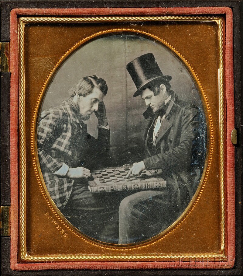 Sixth Plate Daguerreotype of Two Men Playing Check: Sixth Plate Daguerreotype of Two Men Playing Checkers, the brass mat impressed "BOWERS", in a dark brown "The Chess Players" (Krainik 134) Union case, (light scratches, small spots around edges).