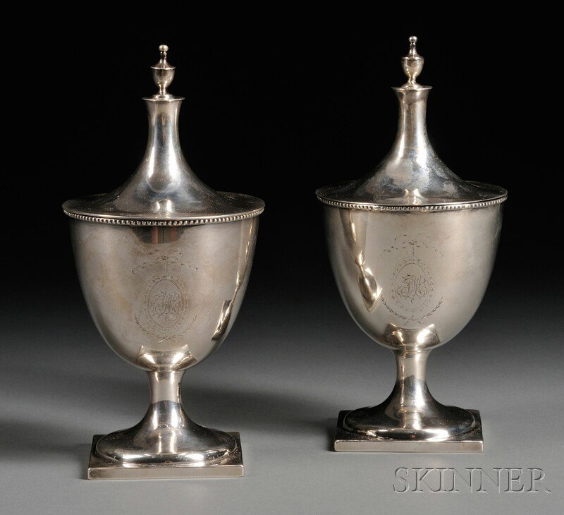 Federal Coin Silver Sugar Urn, Phillip Dally, New : Federal Coin Silver Sugar Urn, Phillip Dally, New York, late 18th century, and Howard & Co., New York, ac. 1866-1922, with peaked lid with urn-shaped finial, beaded band at rim, on trumpet foot and sq