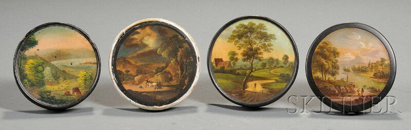 Four Round Snuff Boxes with Landscapes, early 19th: Four Round Snuff Boxes with Landscapes, early 19th century, black and white lacquered papier-mache, three with hand-painted scenes, one with hand-colored lithograph scenery, (imperfections), dia. 3 3/