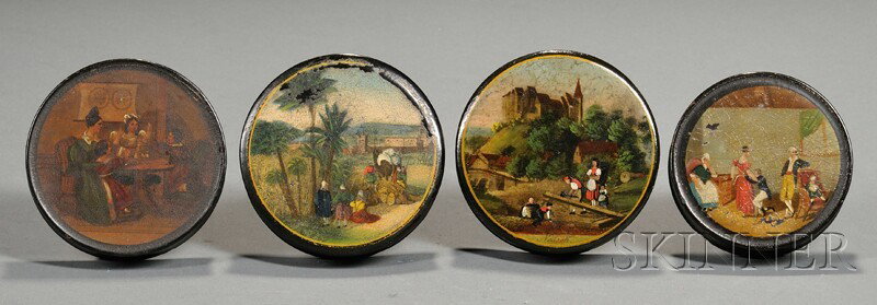 Four Papier-mache Snuff Boxes with Hand-painted Ge: Four Papier-mache Snuff Boxes with Hand-painted Genre Scenes, early 19th century, one depicting a domestic scene with a mother and children, one with a family and tailor, one with a peasant family wit