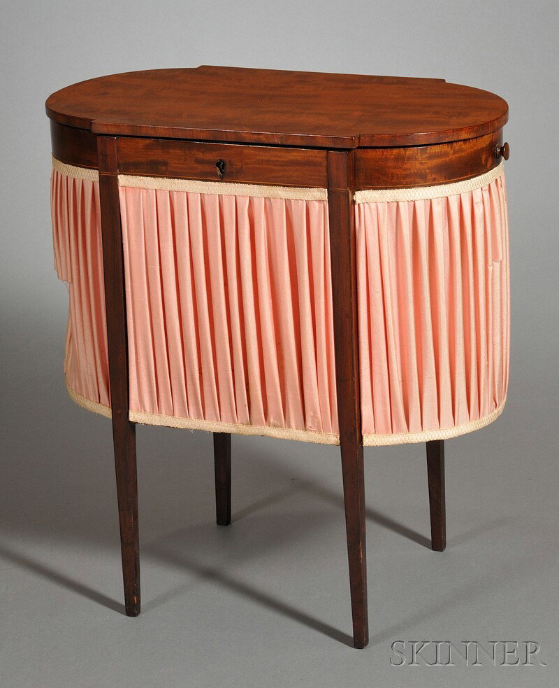 Federal Mahogany and Mahogany Veneer Inlaid Astrag: Federal Mahogany and Mahogany Veneer Inlaid Astragal-end Work Table, probably New York, c. 1800-10, the hinged top opens to a compartmented interior with deep central well, the skirt with inlaid strin