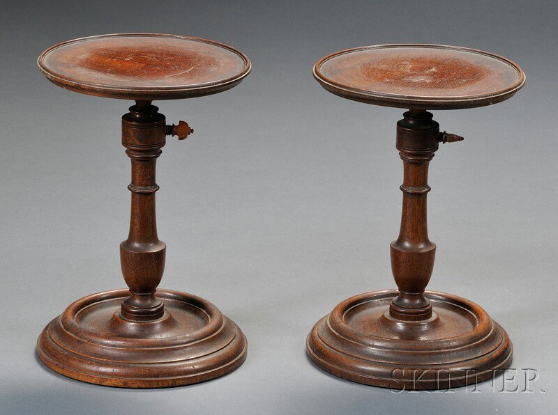 Pair of Turned Mahogany Adjustable Light Stands, e: Pair of Turned Mahogany Adjustable Light Stands, early 19th century, ht. 8 1/2-13 1/2 in.