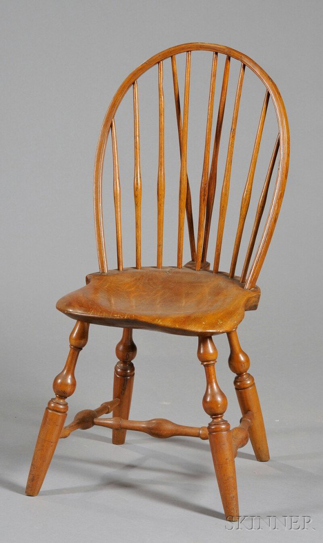 Windsor Braced Bow-back Side Chair, partial brand : Windsor Braced Bow-back Side Chair, partial brand of I. ALWAYS, New York, late 18th century, with swelled spindles and bulbous vase and ring-turnings, refinished, (imperfections), ht. 37, seat ht. 17 