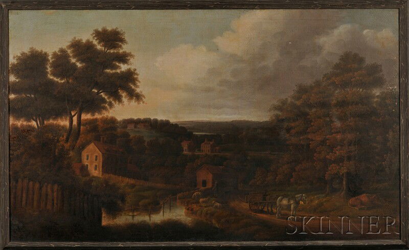 American School, 19th Century, possibly the work o: American School, 19th Century, possibly the work of Thomas Birch (New York and Penns ylvania, 1779-1851), Pennsylvania Landscape: The Village Road. Unsigned. Oil on canvas, 30 x 50 in., in a later fra