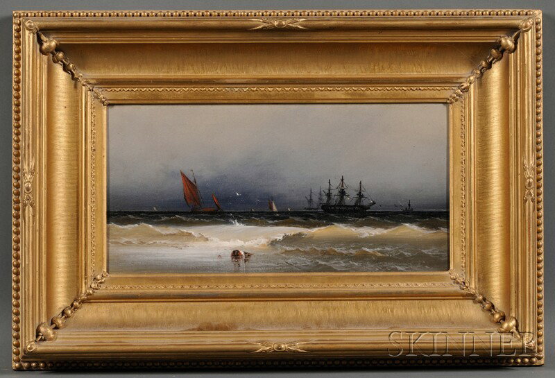 Anglo-American School, 19th Century Storm Brewing : Anglo-American School, 19th Century Storm Brewing with Anchored Clipper Ship and Distant Vessels. Indistinctly signed and dated "1865" on reverse. Oil on canvas, 7 1/4 x 14 1/2 in., in a deep gilt-ges