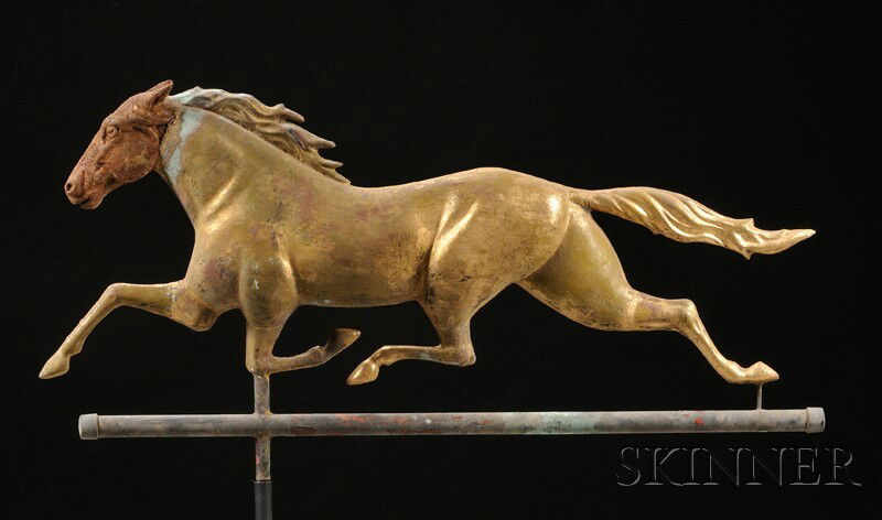 Large Molded Copper Running Horse Weather Vane, la: Large Molded Copper Running Horse Weather Vane, late 19th century, full-body figure with cast iron head, mounted on a black-painted copper rod, original weathered gilt surface with yellow sizing and v