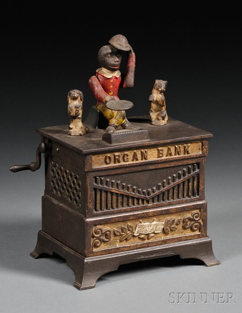 Polychrome and Painted Cast Iron Organ Bank with C: Polychrome and Painted Cast Iron Organ Bank with Cat and Dog, Kyser & Rex Company, Philadelphia, Pennsylvania, c. 1882, impressed mark on back "PAT. JUNE 13 1882," (minor paint loss), ht. 7 1/4 in.