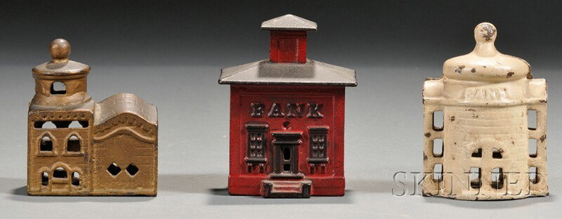 Cast Iron Cupola "Bank" Building Bank, United Stat: Cast Iron Cupola "Bank" Building Bank, United States, c. 1880, together with two other building banks, ht. 3 - 3 1/2 in.