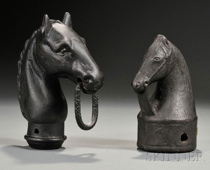 Two Black-painted Cast Iron Horse Head Hitching Po: Two Black-painted Cast Iron Horse Head Hitching Post Finials, America, late 19th century, ht. 9, 10 in.