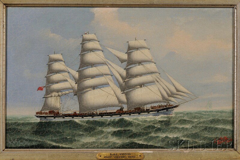 Lai Fong (Calcutta, ac. c. 1900) Portrait of the S: Lai Fong (Calcutta, ac. c. 1900) Portrait of the Ship CLYDE. Signed, dated 1900, and location l.r. Oil on canvas, 10 1/8 x 16 1/4 in., in a period bird's-eye maple veneer frame. Condition: Relin