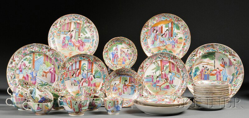 Thirty-four Assorted Rose Mandarin Pattern Tablewa: Thirty-four Assorted Rose Mandarin Pattern Tableware Items, China, early 19th century, a dinner plate, two soup plates, seven salad or dessert plates, twelve handled teacups, and twelve saucers, (mino