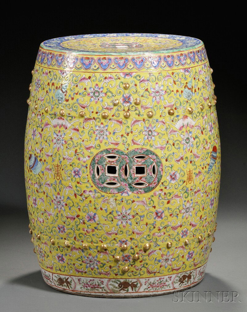 Chinese Export Porcelain Garden Seat, late 19th ce: Chinese Export Porcelain Garden Seat, late 19th century, barrel-form decorated with polychrome flowers, bats, scrolled foliage and precious objects, on a yellow ground, with pierced cashes, and raised