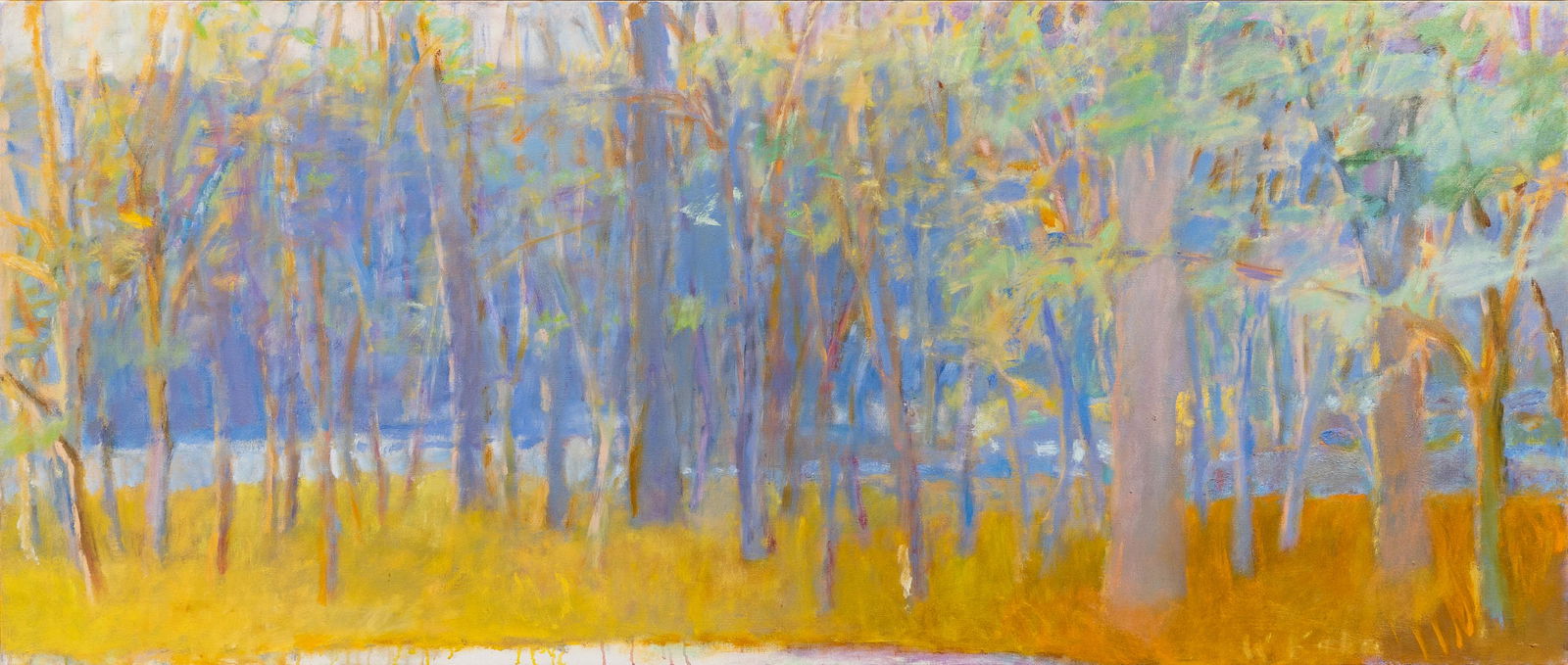 Wolf Kahn (German/American, 1927-2020) Near the Potomac in Spring (framed 29 1/4 x 67 1/4 in): Wolf Kahn (German/American, 1927-2020) Near the Potomac in Spring unsigned; numbered, dated, and titled '#30 1987/...' (on an unattributed handwritten label affixed to the stretcher and on the stretch
