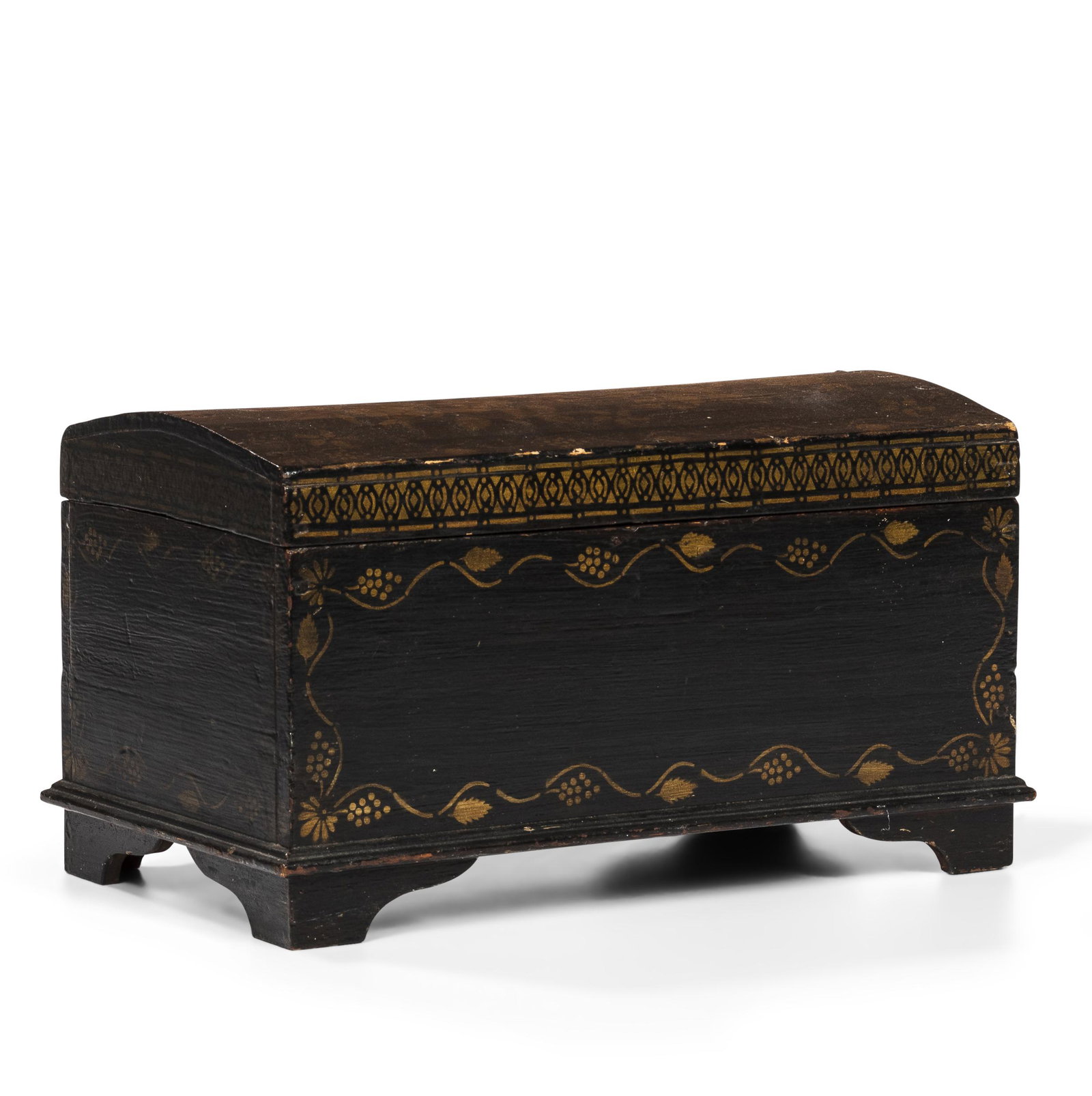 Stencil-painted Dome-lid Box, c. 1840: Stencil-painted Dome-lid Box, c. 1840 Lap-jointed and nailed boards, with curved lid panel tacked to end boards, set in applied base molding on ogee carved and mitered bracket feet, crisp gilt and bro