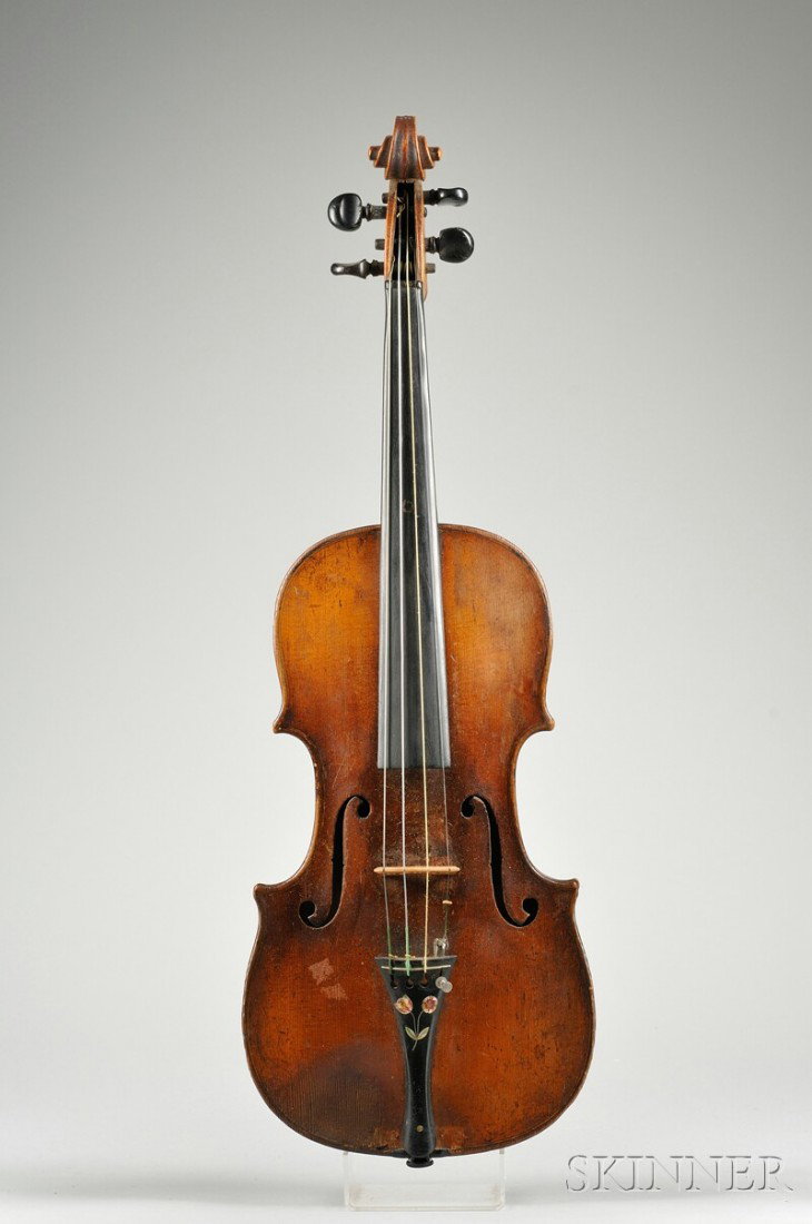 Saxon Violin, c. 1820, unlabeled, branded HOPF bel: Saxon Violin, c. 1820, unlabeled, branded HOPF below the button, length of back 355 mm, with case